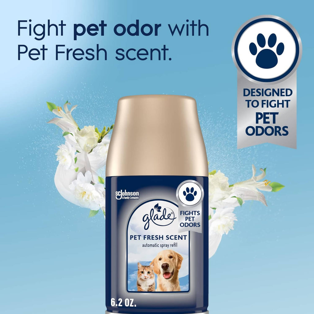 Pet Fresh automatic spray refill canister with paw badge and floral accents