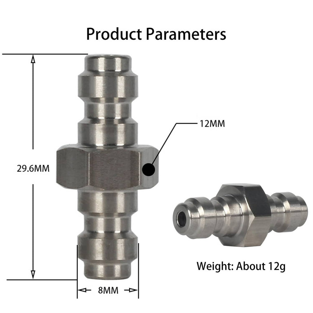 Stainless steel quick-disconnect coupling adapter with labeled size measurements