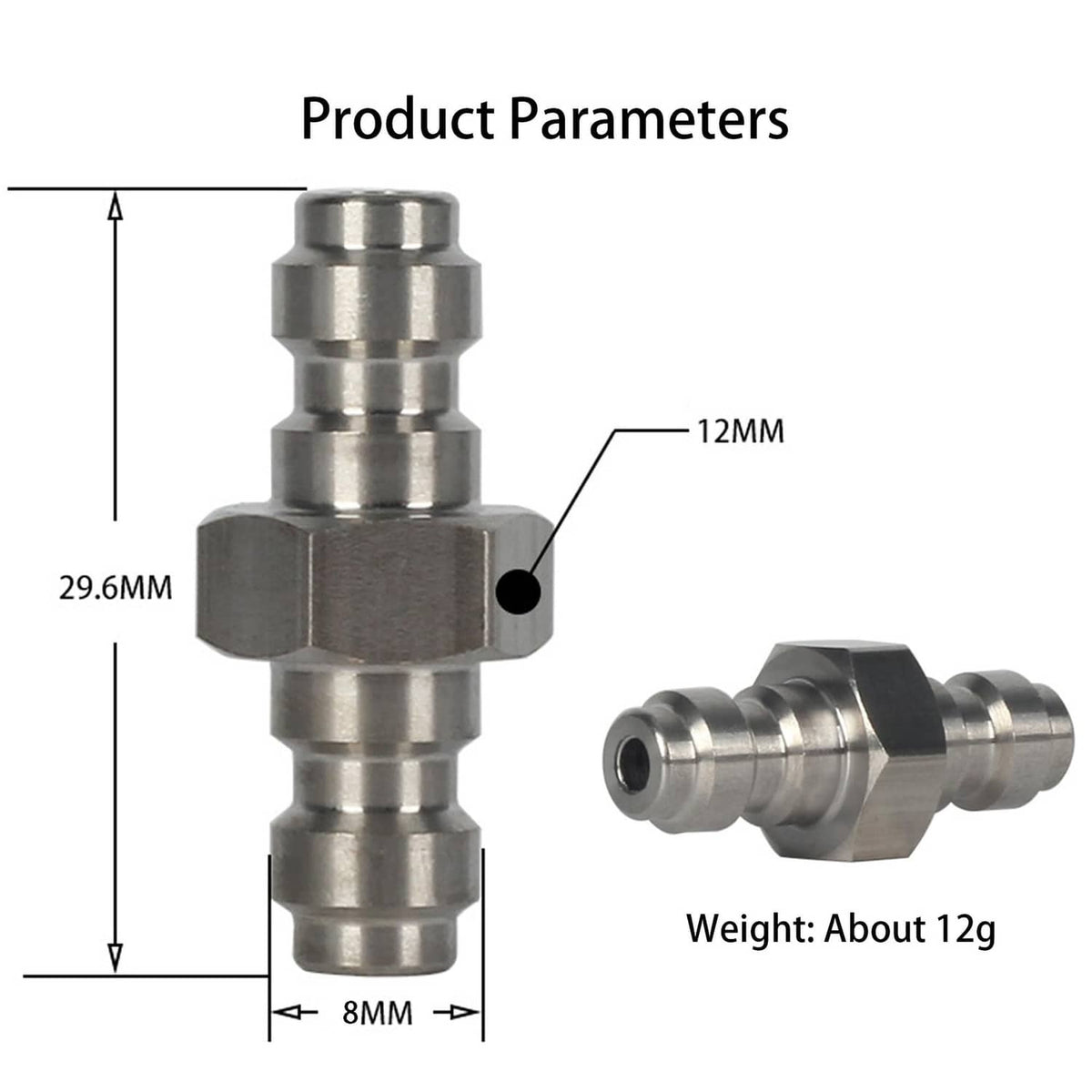 Stainless steel quick-disconnect coupling adapter with labeled size measurements