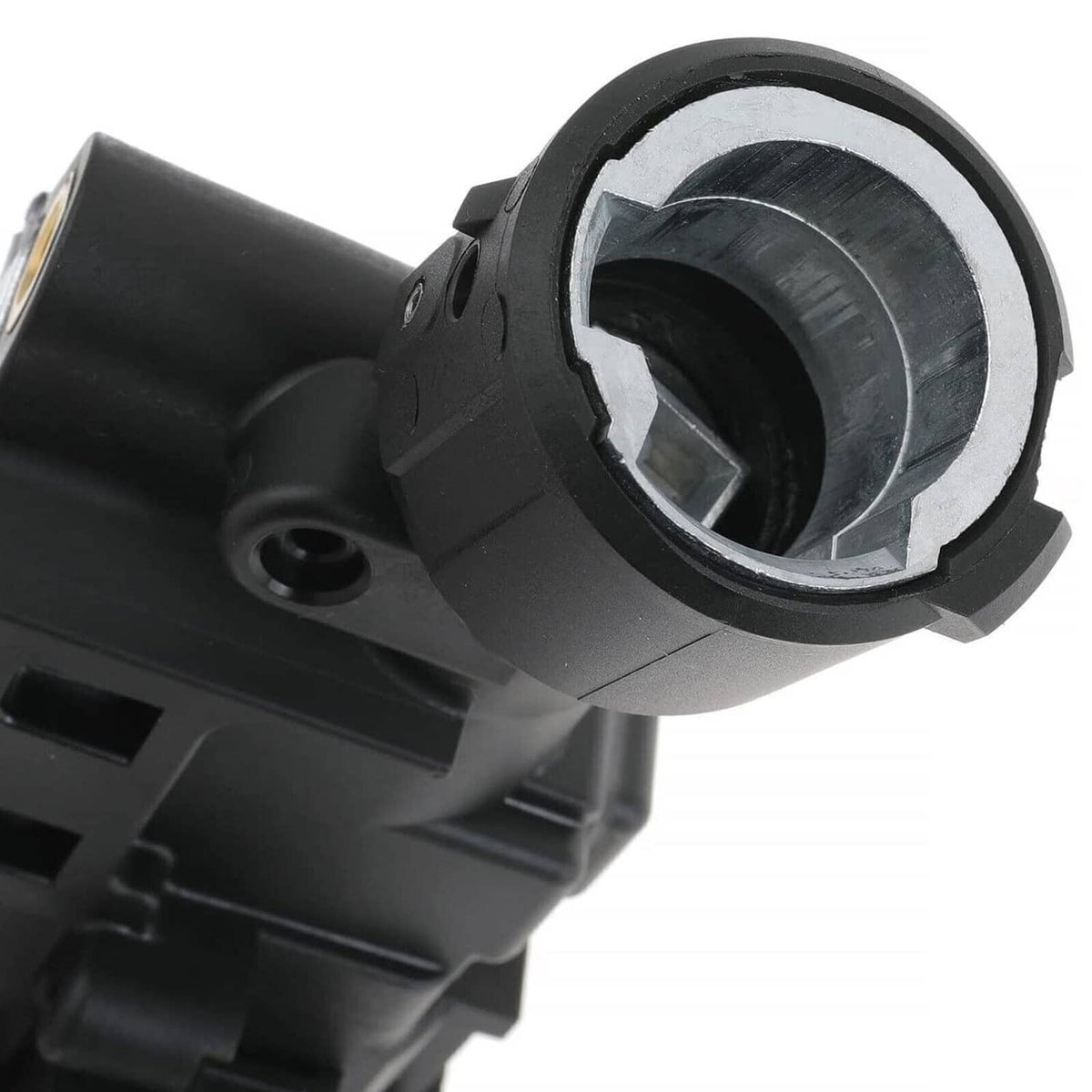 Close-up of ignition switch housing circular socket opening with black plastic casing
