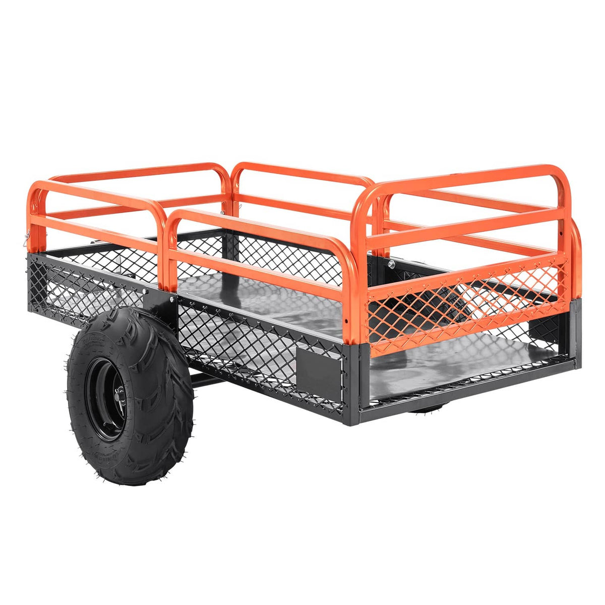 Orange steel tow-behind dump cart with mesh sides, black bed, single large wheel