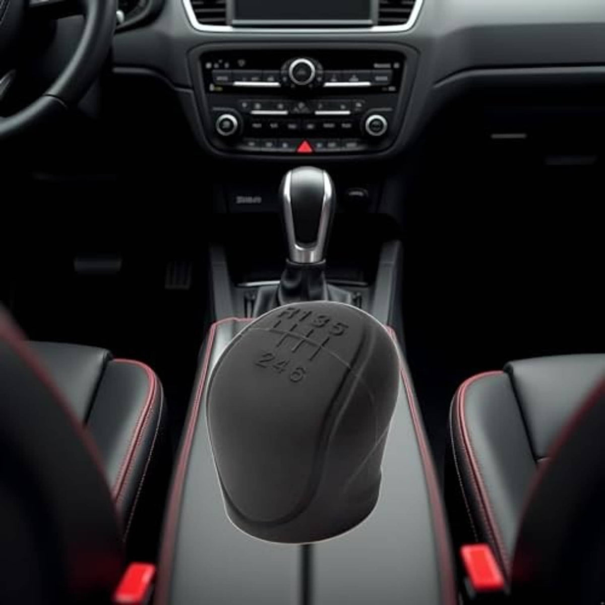 Black silicone gear shift knob cover for manual 6-speed transmission, embossed pattern