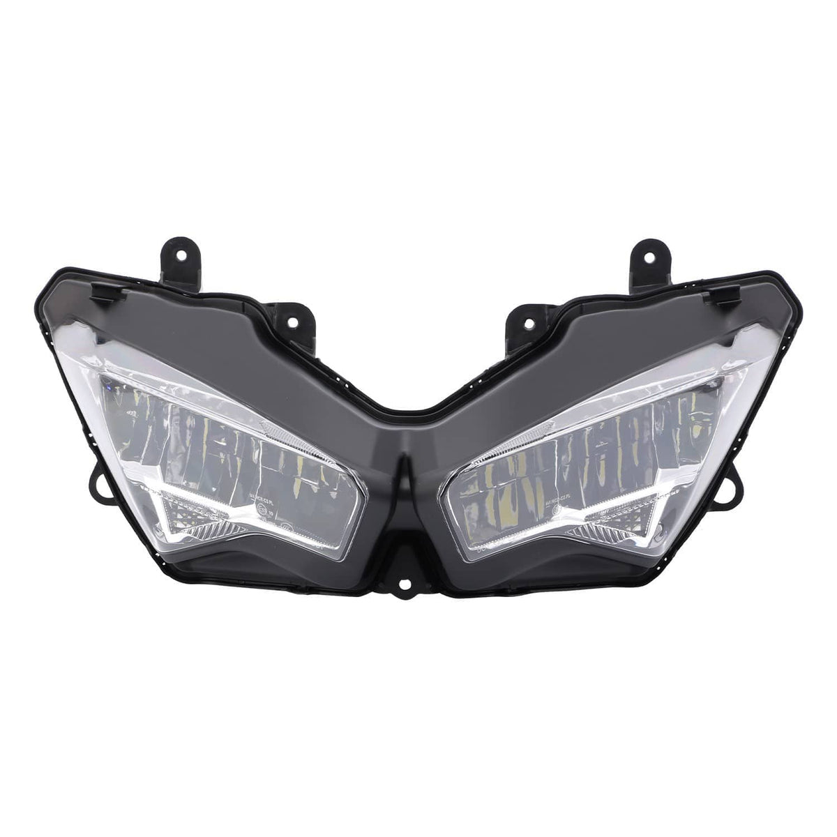 Pair of motorcycle headlight units with clear lenses and black fairing housing