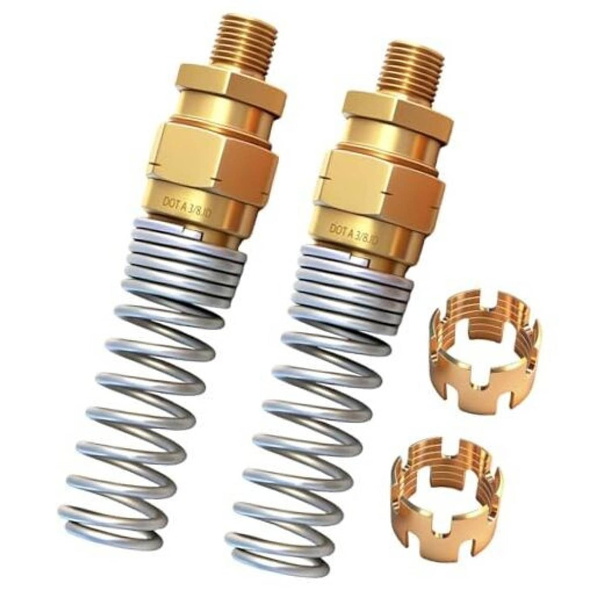 Pair of brass air brake hose end fittings with gray coil spring and small retaining clips