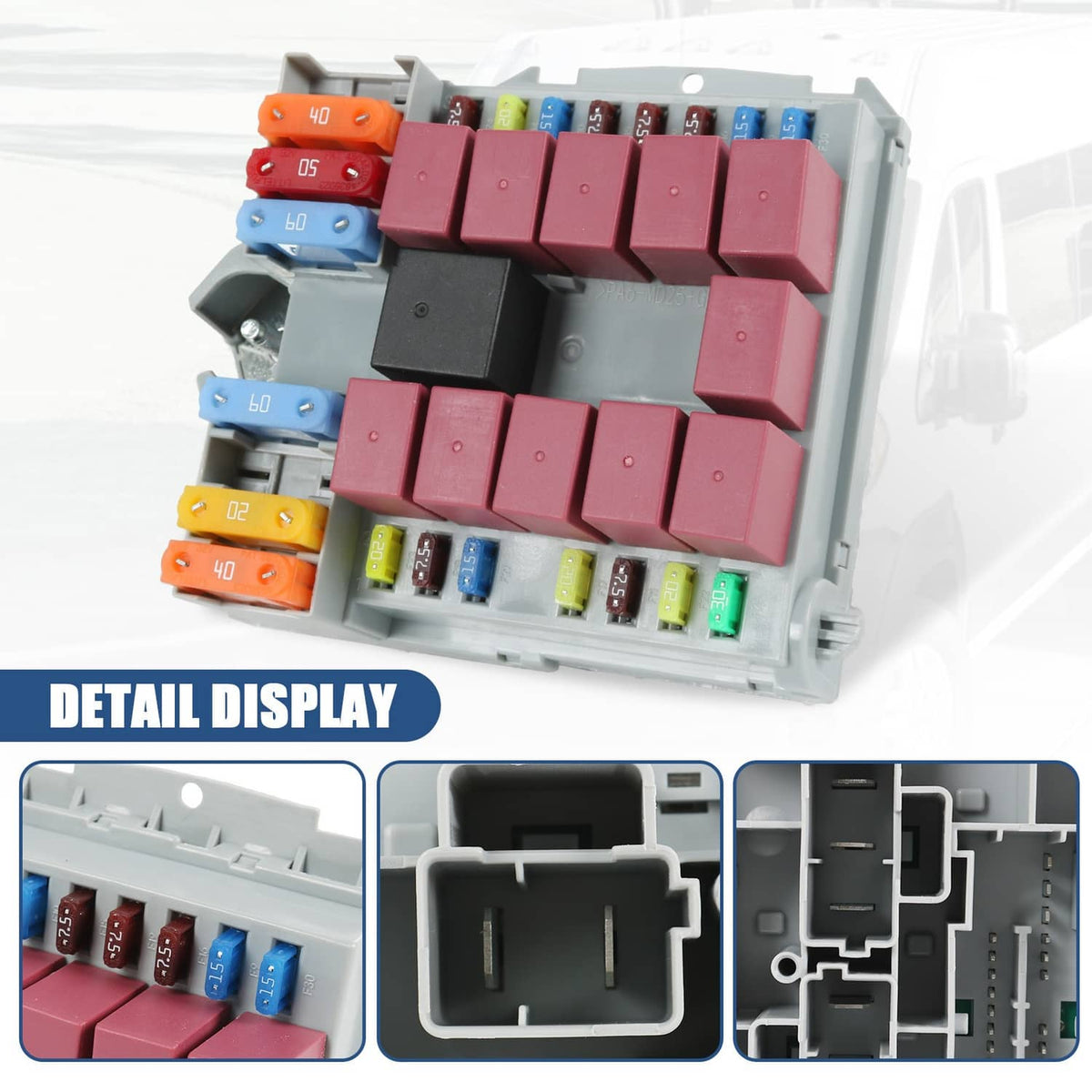 Power distribution center close-up with red rocker fuses and detail panel showing relay cavity