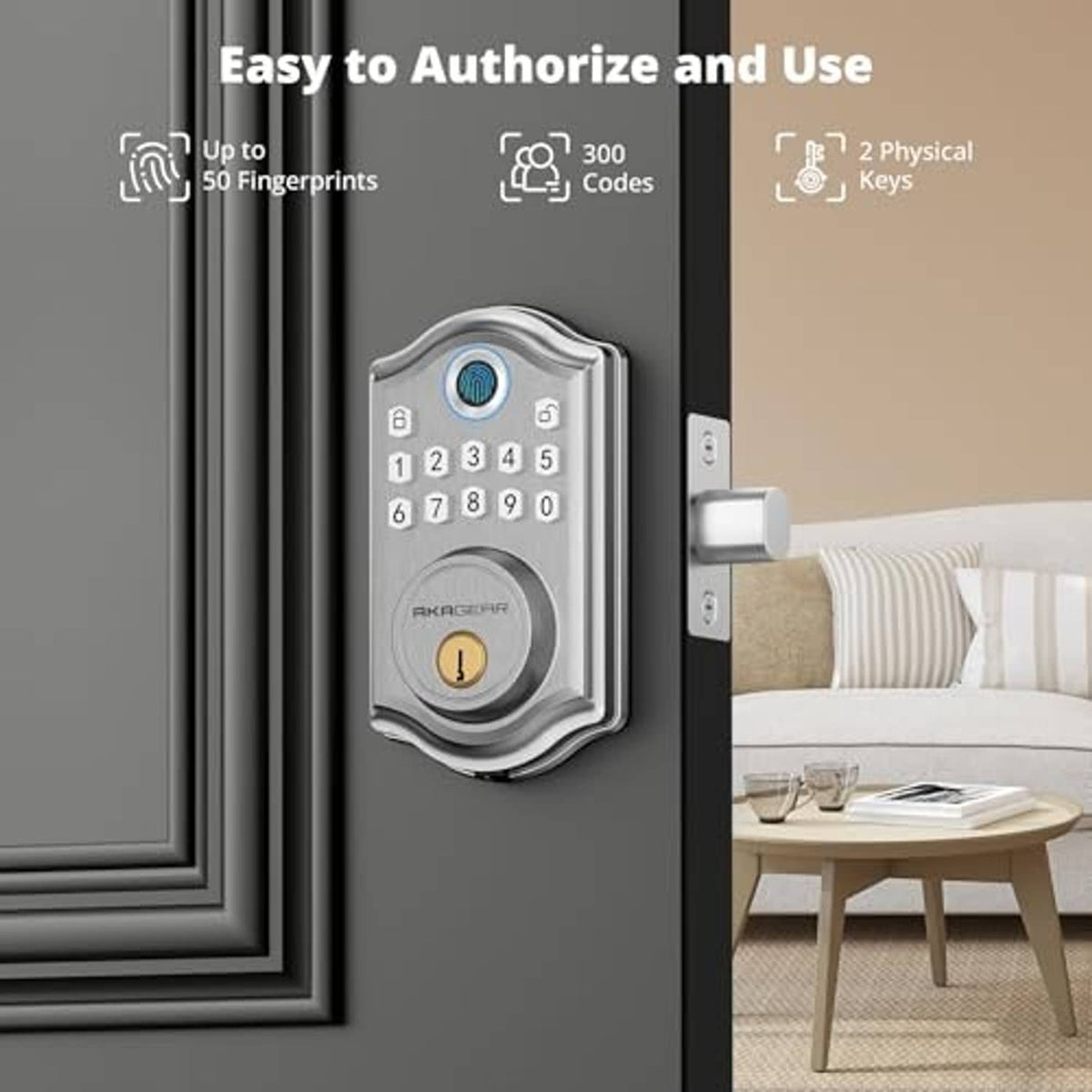 Satin nickel keyless door lock with keypad and fingerprint sensor, mounted on door