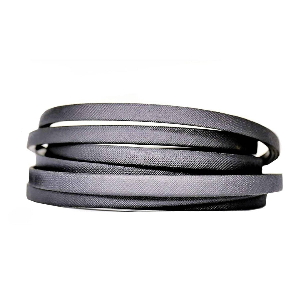 Lawn mower belt, dark gray coiled strap with smooth woven texture