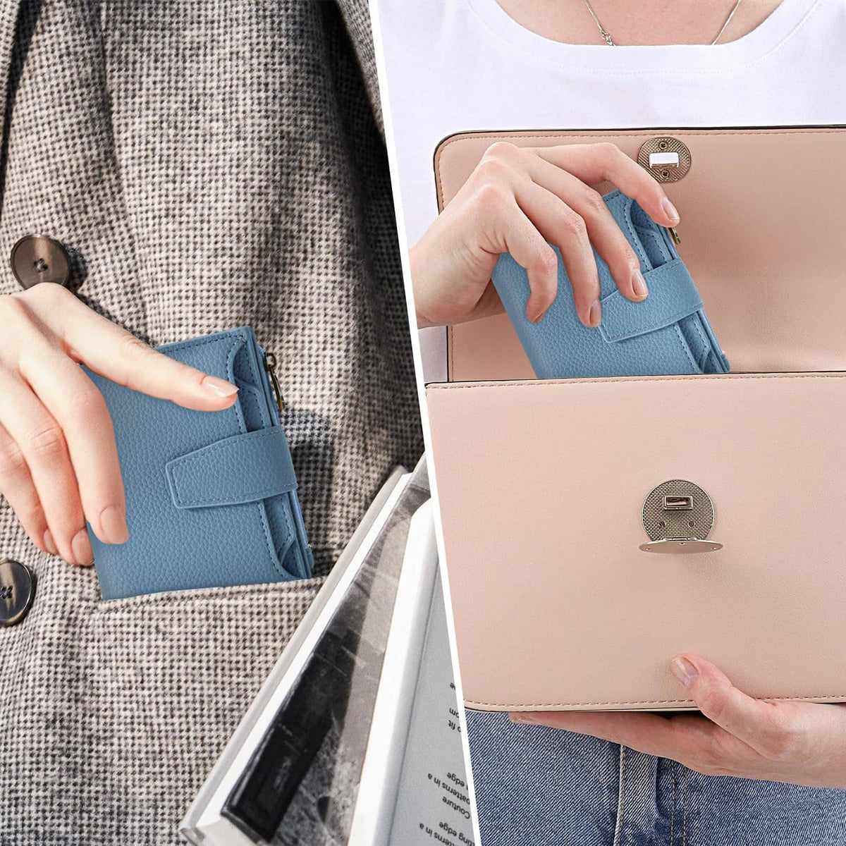 Sky blue bifold wallet with front tab held in hand; side zipper and stitching visible