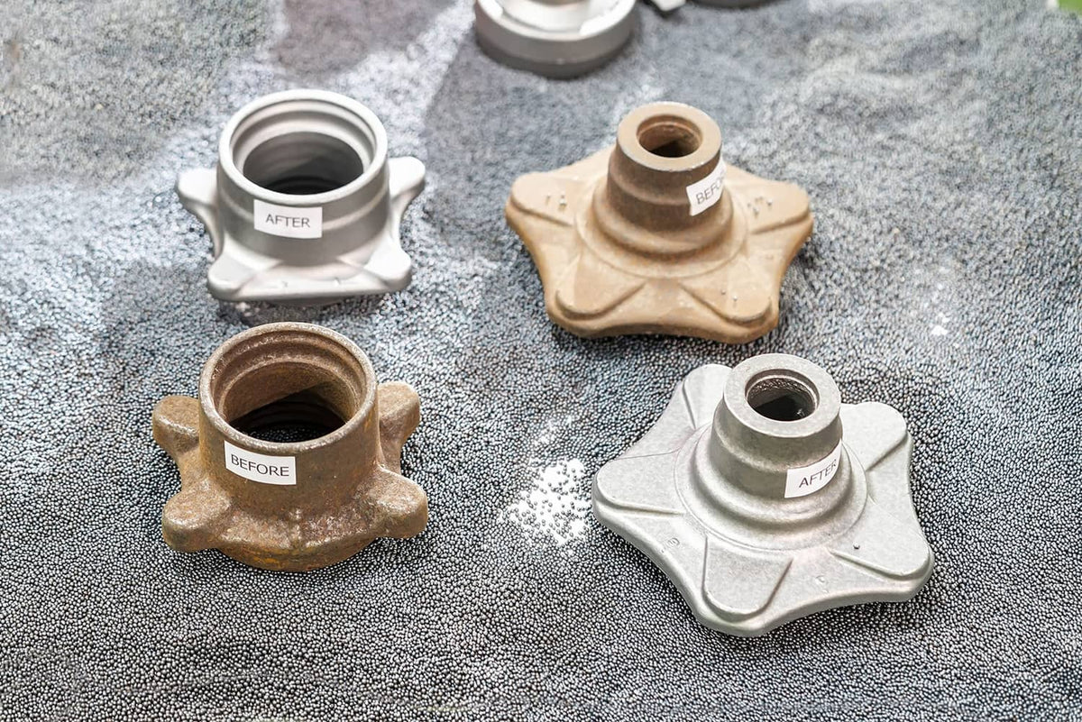 Walnut shell media test cups showing before and after cleaned parts