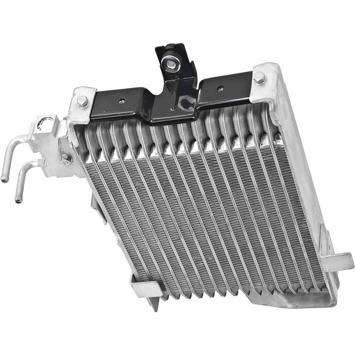 Automatic transmission oil cooler with angled cooling fins and black support bracket
