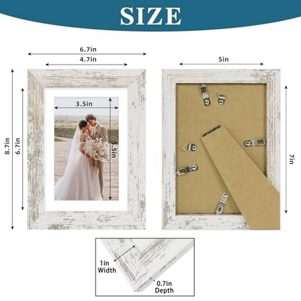 Distressed white 5x7 frame showing sizing details, with cork backing and metal tabs