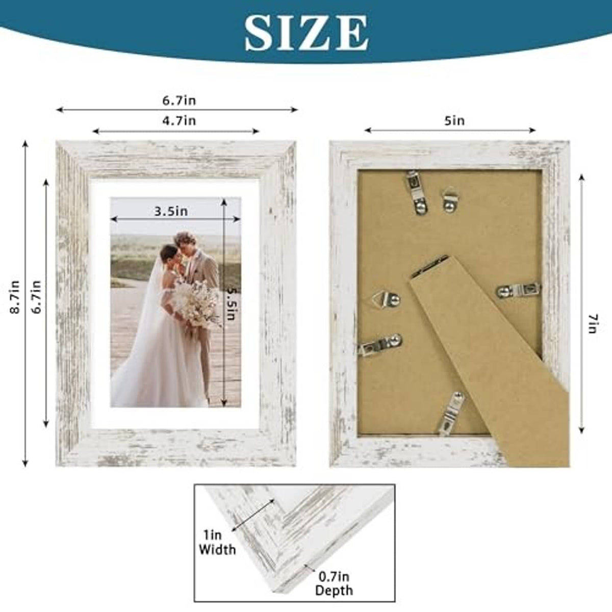 Distressed white 5x7 frame showing sizing details, with cork backing and metal tabs