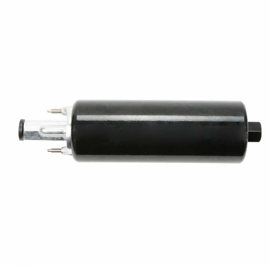 Black inline fuel pump with silver side fittings and black electrical connector plug