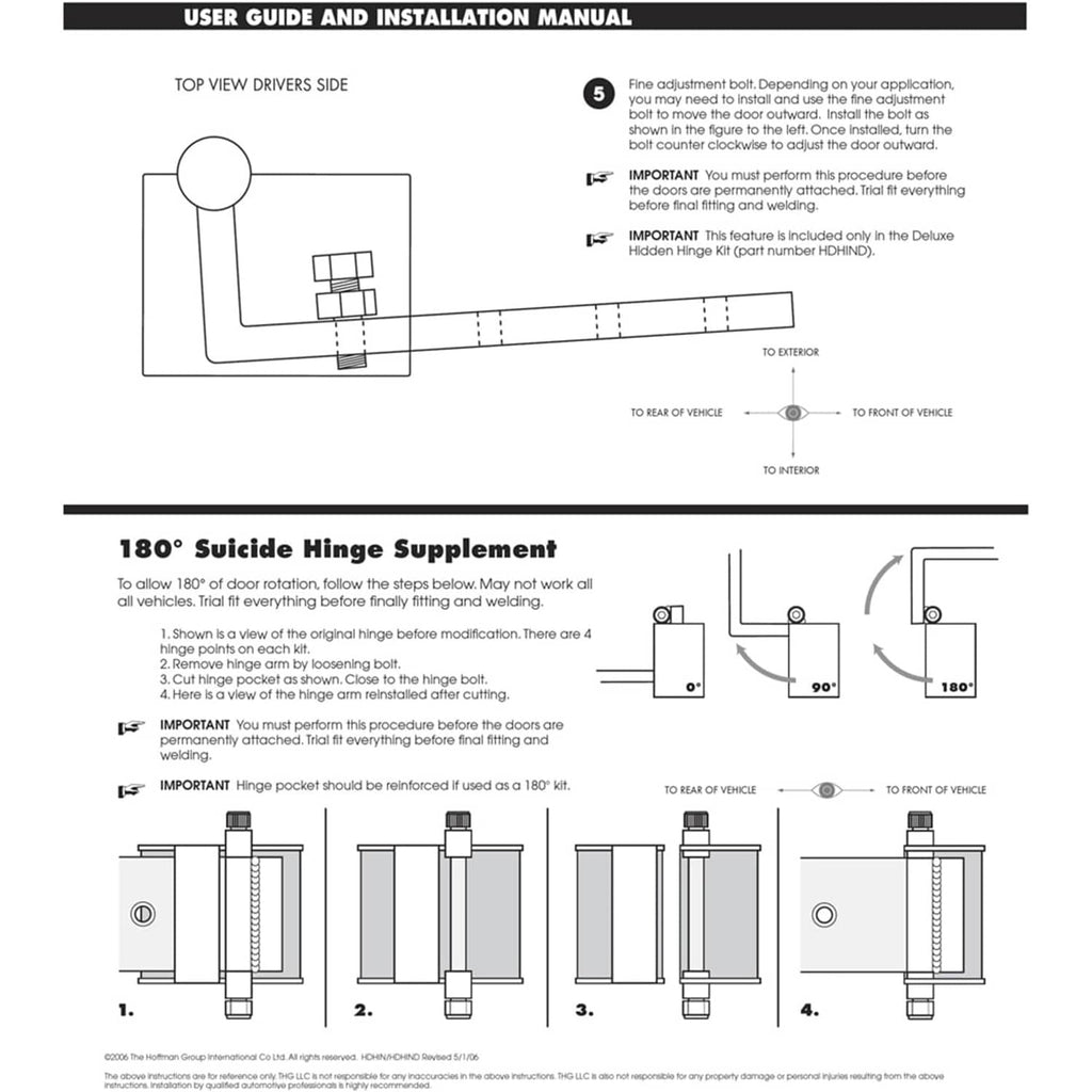 Installation manual page showing 180° suicide hinge supplement diagrams and steps