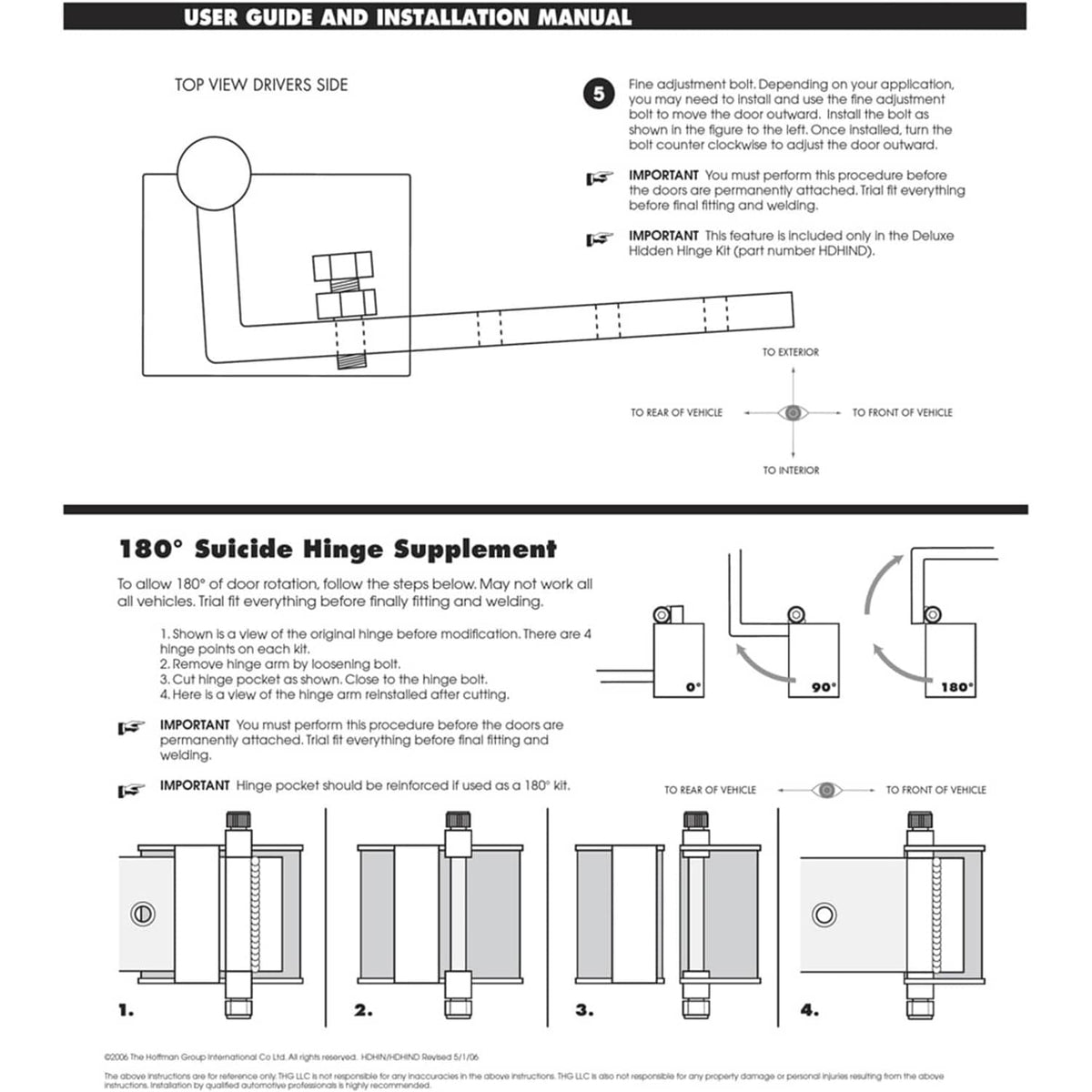 Installation manual page showing 180° suicide hinge supplement diagrams and steps