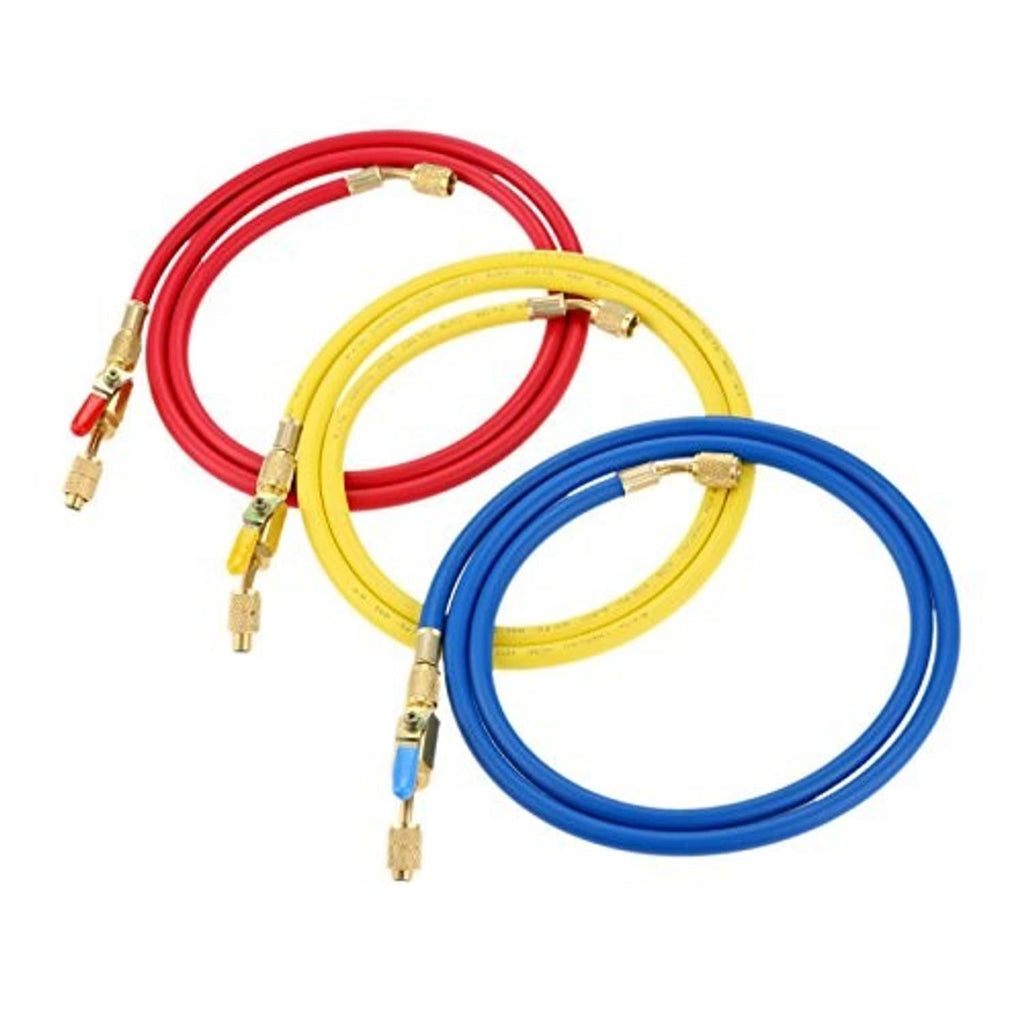 Bundle of red, yellow, and blue A/C refrigerant charging hoses with brass valves