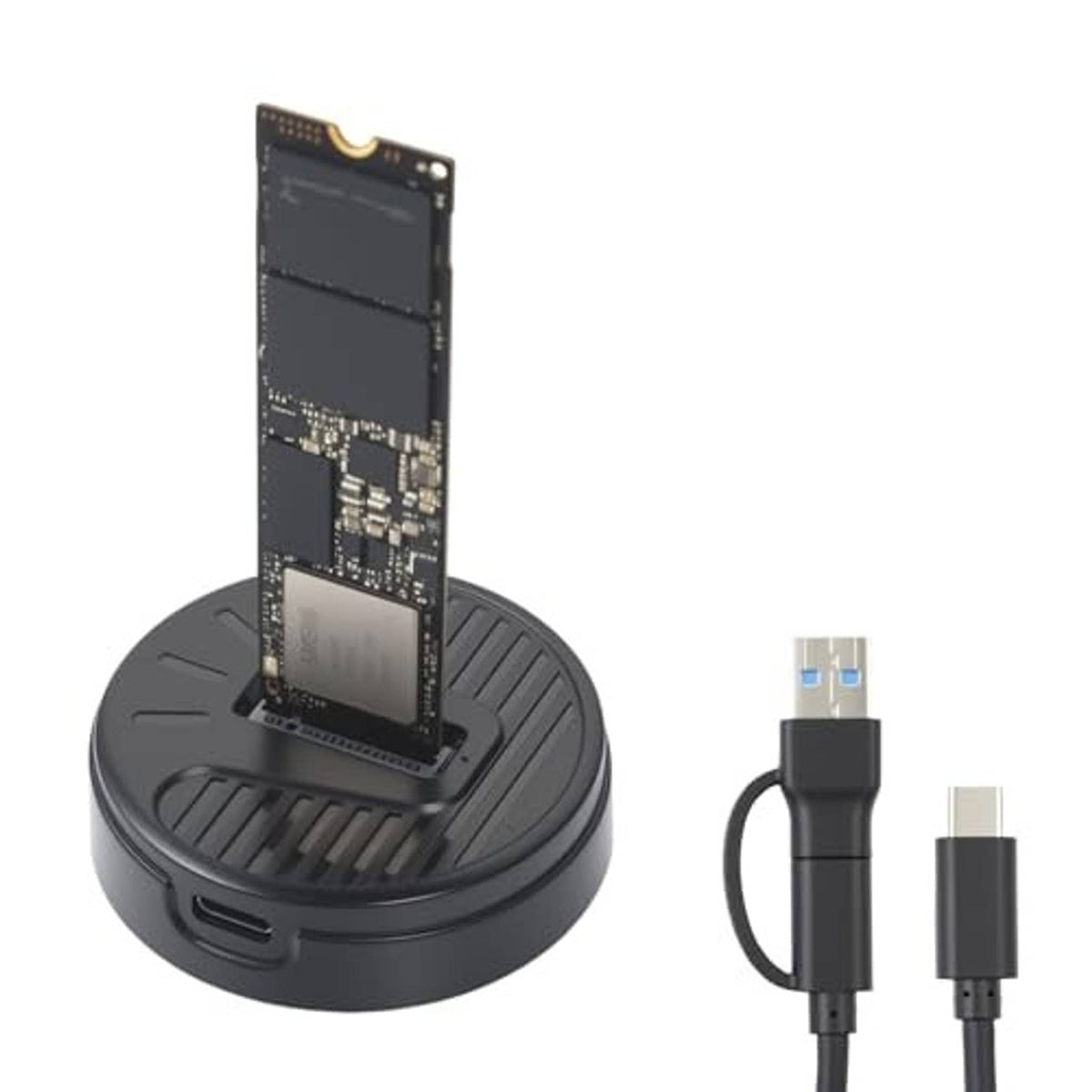 M.2 NVMe to USB adapter kit with round dock and USB C/USB A cables