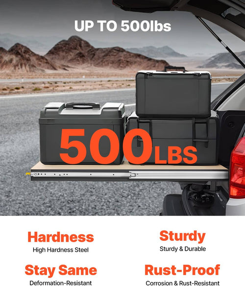 Heavy-duty drawer slide set shown on a vehicle bed with up to 500 lb rating callout