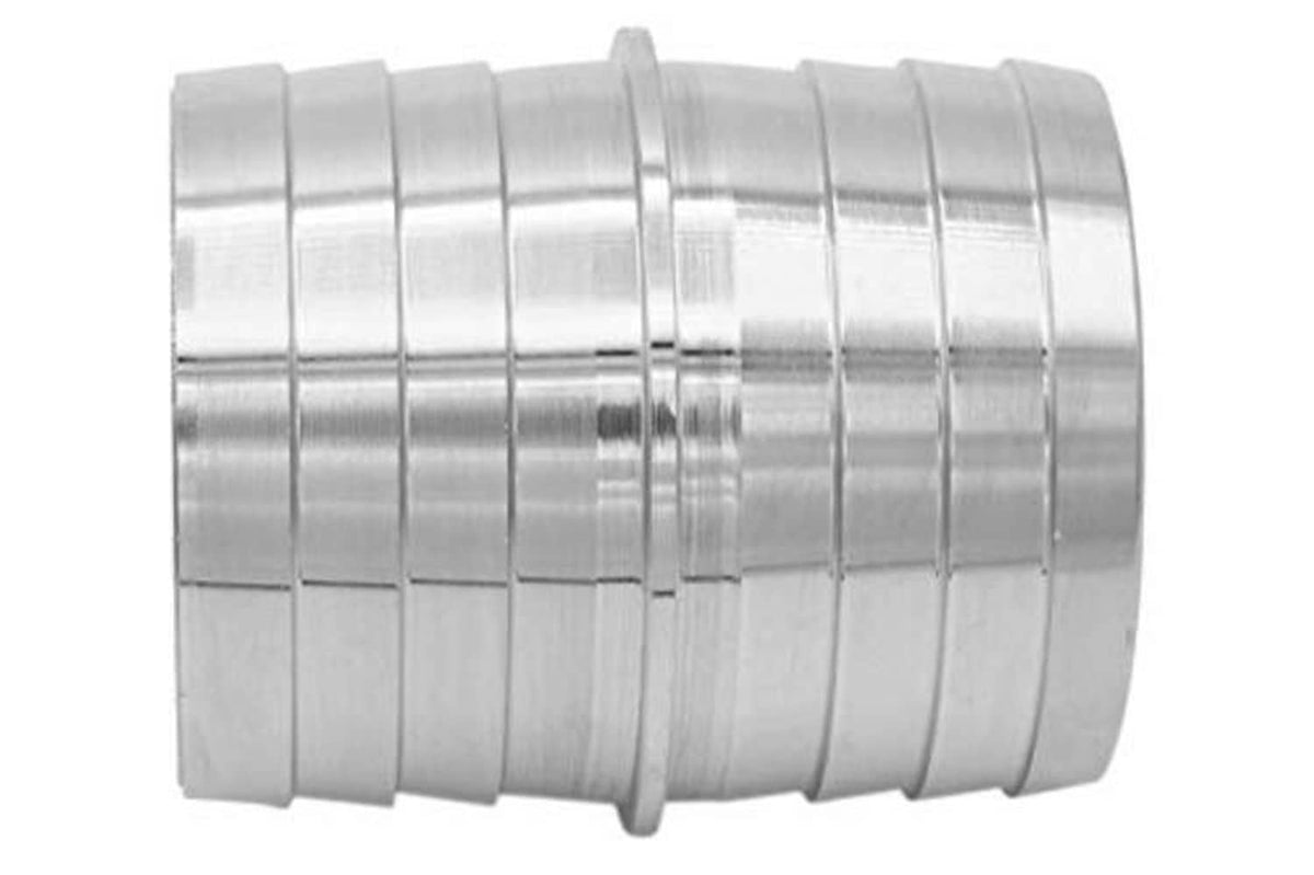 Stainless steel hose barb splice coupler adapter showing ridged side profile