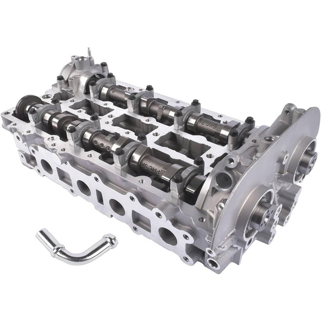 Cylinder head assembly, angled exterior view with camshafts and timing hardware