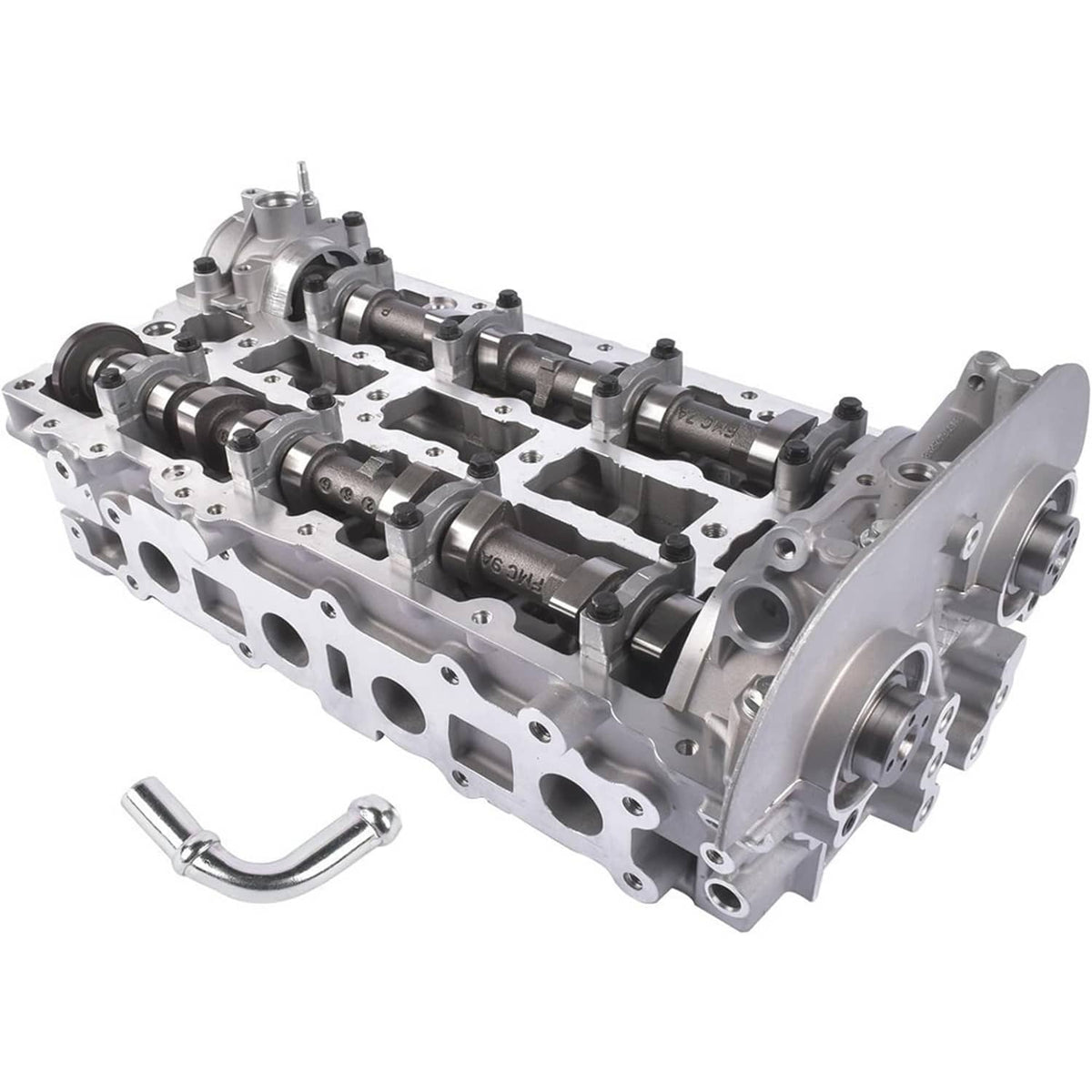 Cylinder head assembly, angled exterior view with camshafts and timing hardware