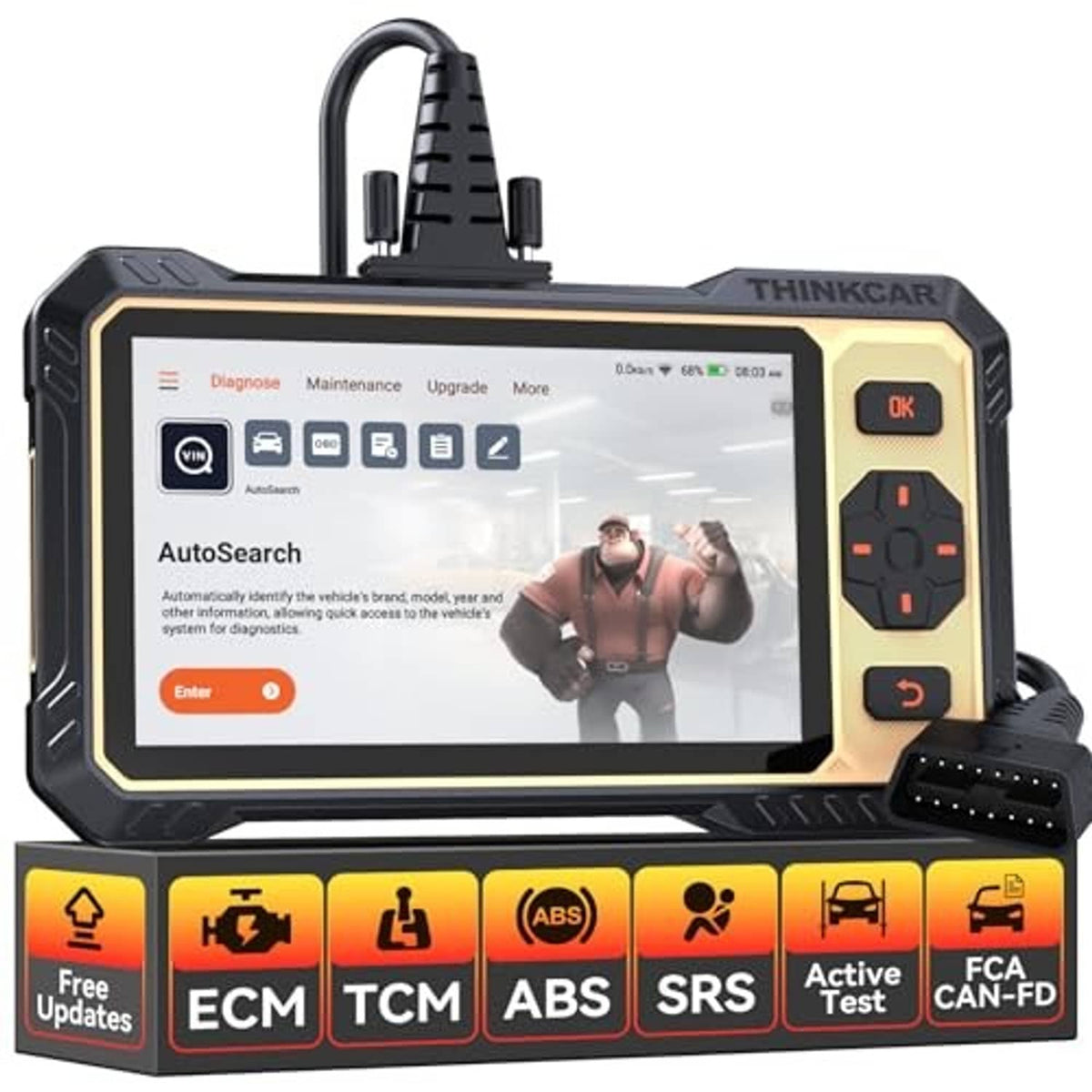 OBD2 car diagnostic scanner with touchscreen display and multi-button control panel