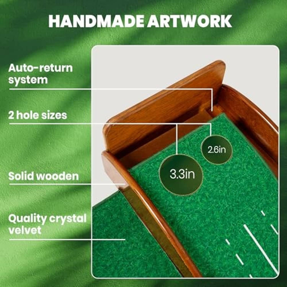 Golf putting green mat with handmade wooden frame and green felt, two hole openings