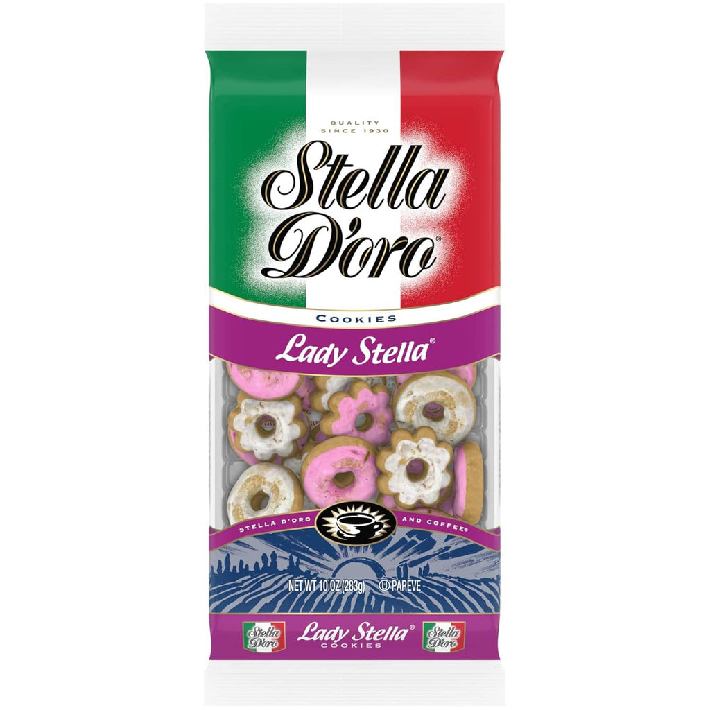 Lady Stella Dora cookie pouch front with purple label and cookie assortment in clear window