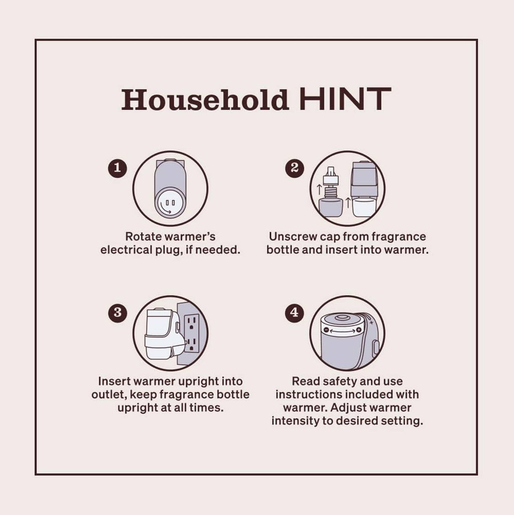 Household hint diagram for scented oil use: rotate warmer, insert bottle, adjust intensity