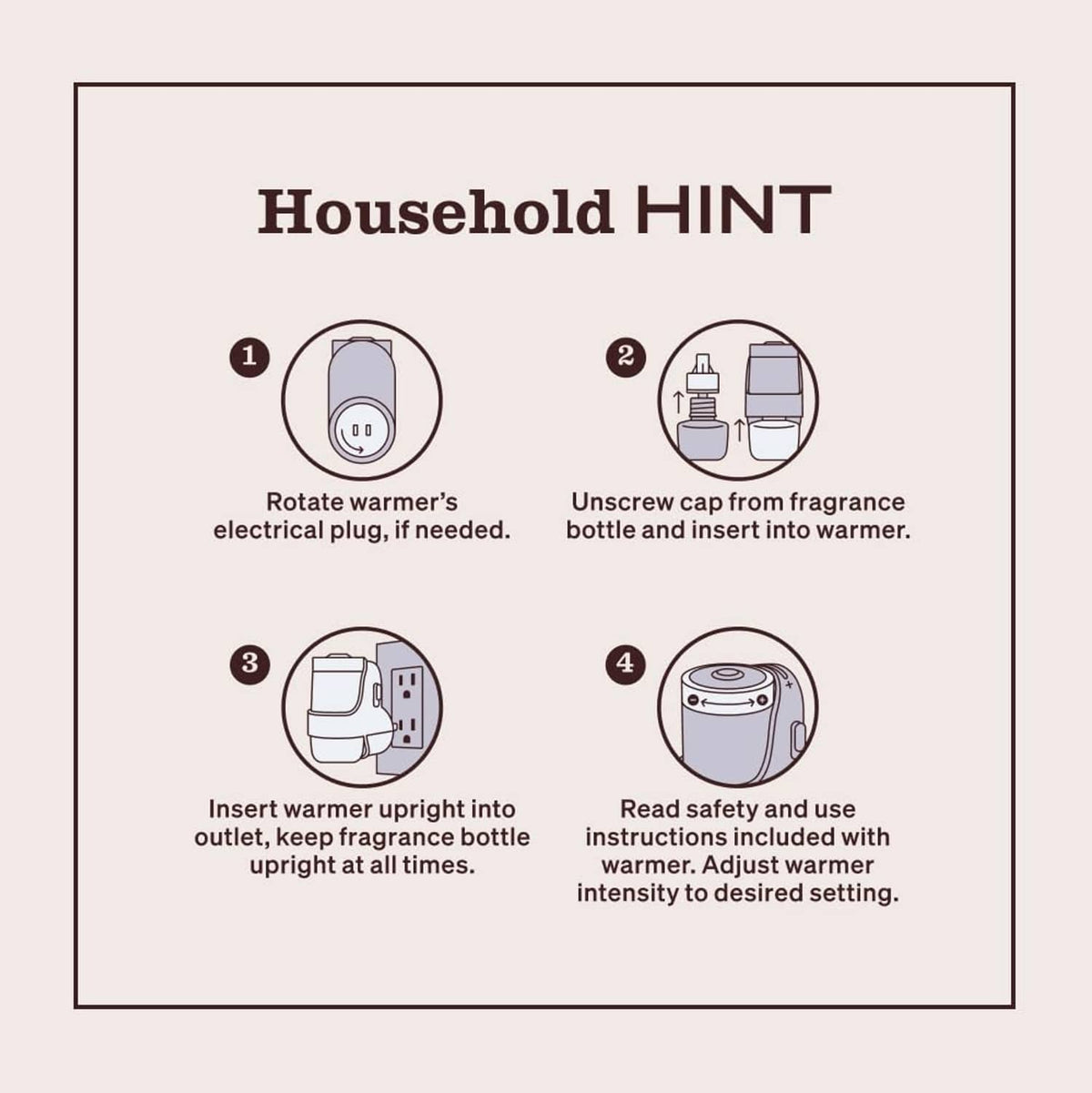 Household hint diagram for scented oil use: rotate warmer, insert bottle, adjust intensity