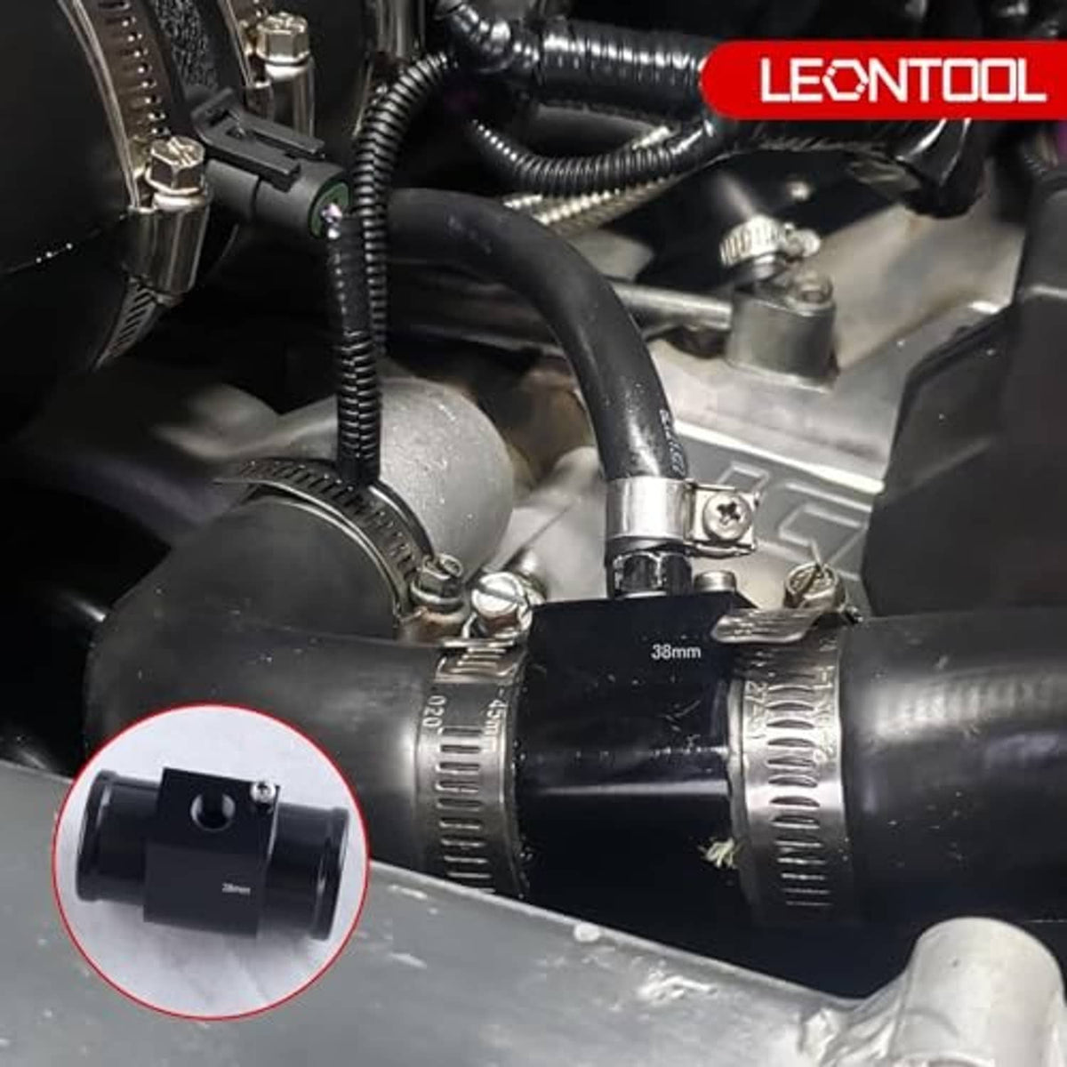 Aluminum radiator hose connector with water temperature sensor fitting on tubing