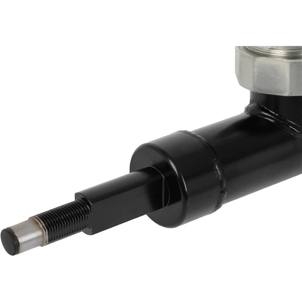 Black shock strut rod end with threaded section and cylinder housing, metal top mount
