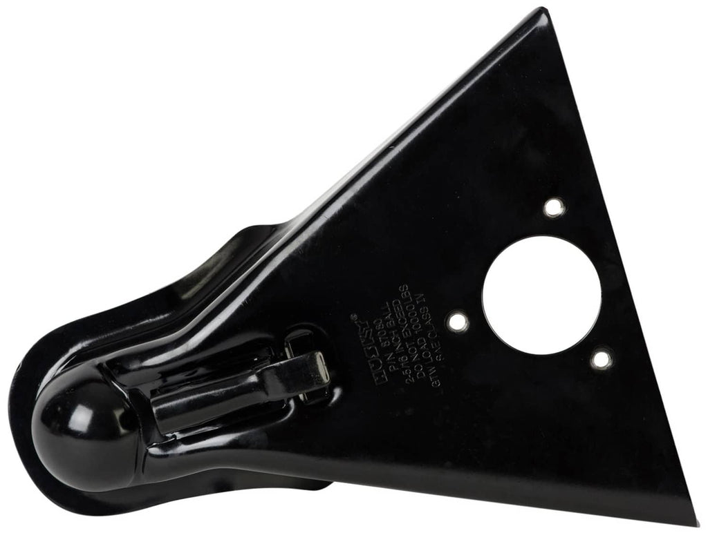 Black trailer coupler with latch, circular access hole and two mounting holes on plate