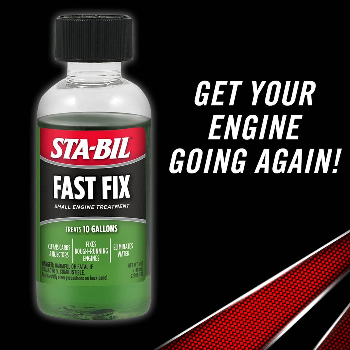 STA-BIL Fast Fix small engine treatment bottle with black cap and green contents