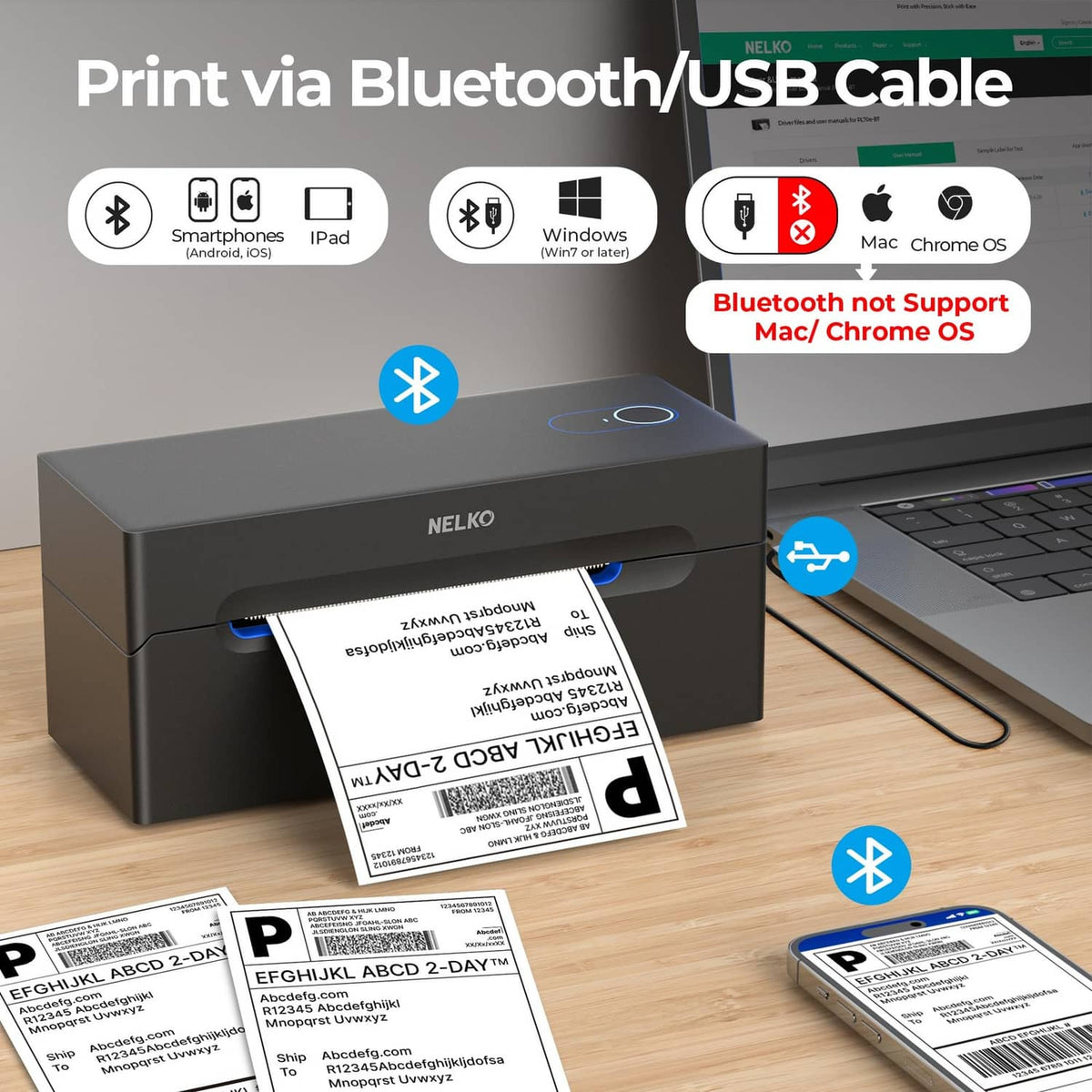 Black thermal label printer printing via Bluetooth or USB