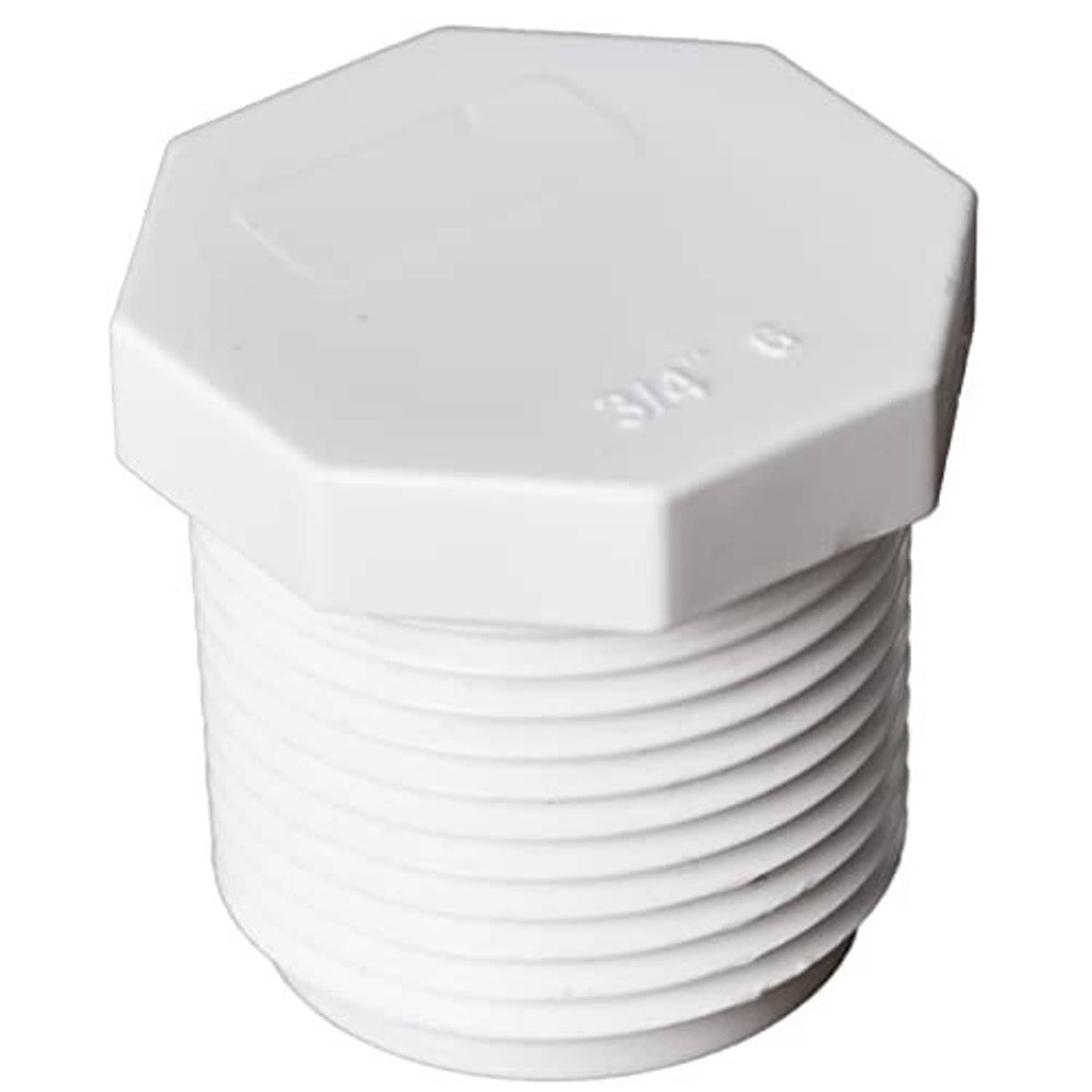 White PVC male threaded cleanout plug drain end cap with hex top and ridged threads