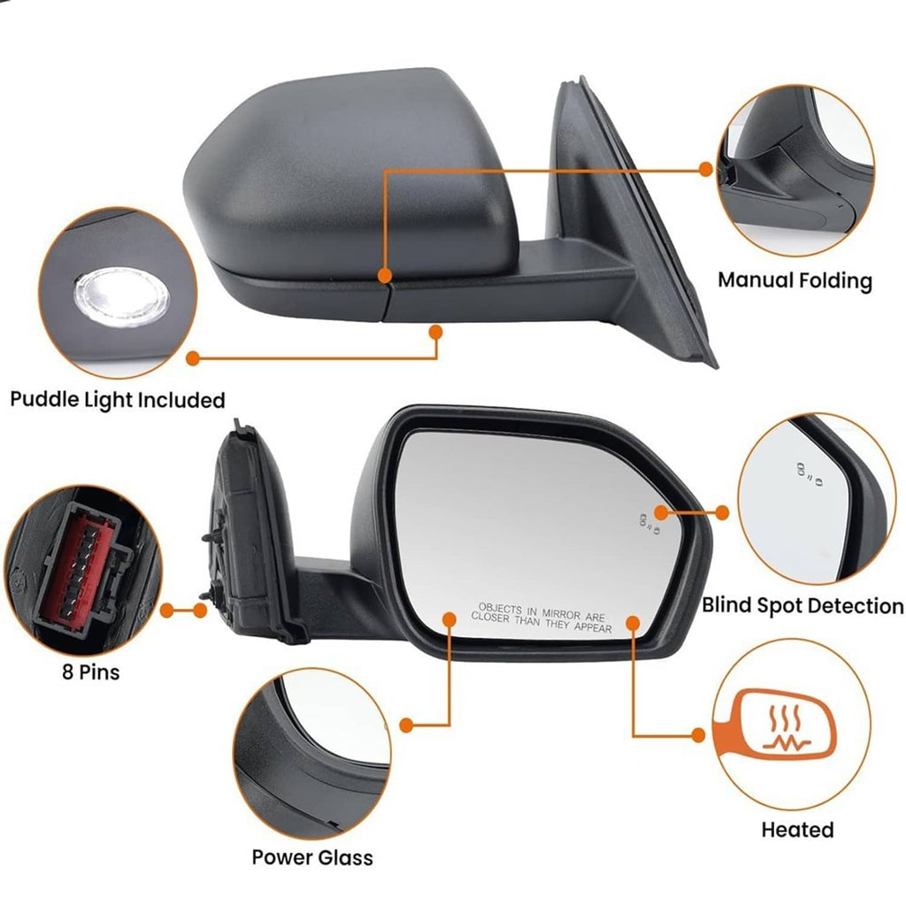 Black side mirror with manual folding, heated power glass, blind spot and puddle light