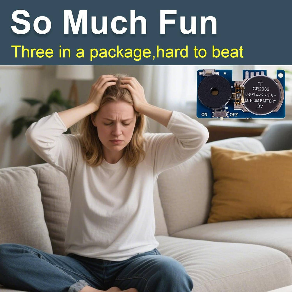 Three-pack electronic noise maker devices with CR2032 batteries and dark speaker discs