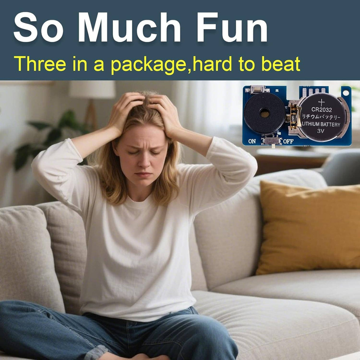 Three-pack electronic noise maker devices with CR2032 batteries and dark speaker discs
