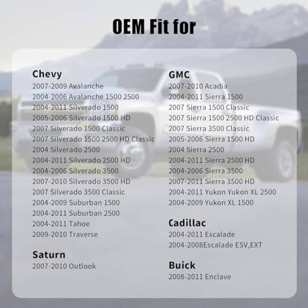 Fuel tank cap listing compatibility for selected Chevy, GMC, Cadillac, and Buick models