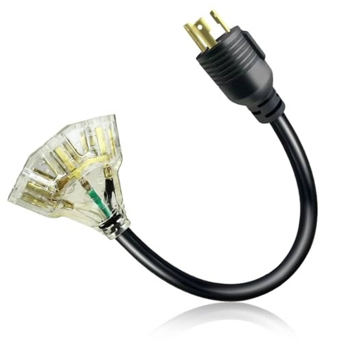 EV adapter cord with clear connector and angled two-prong plug, black cable