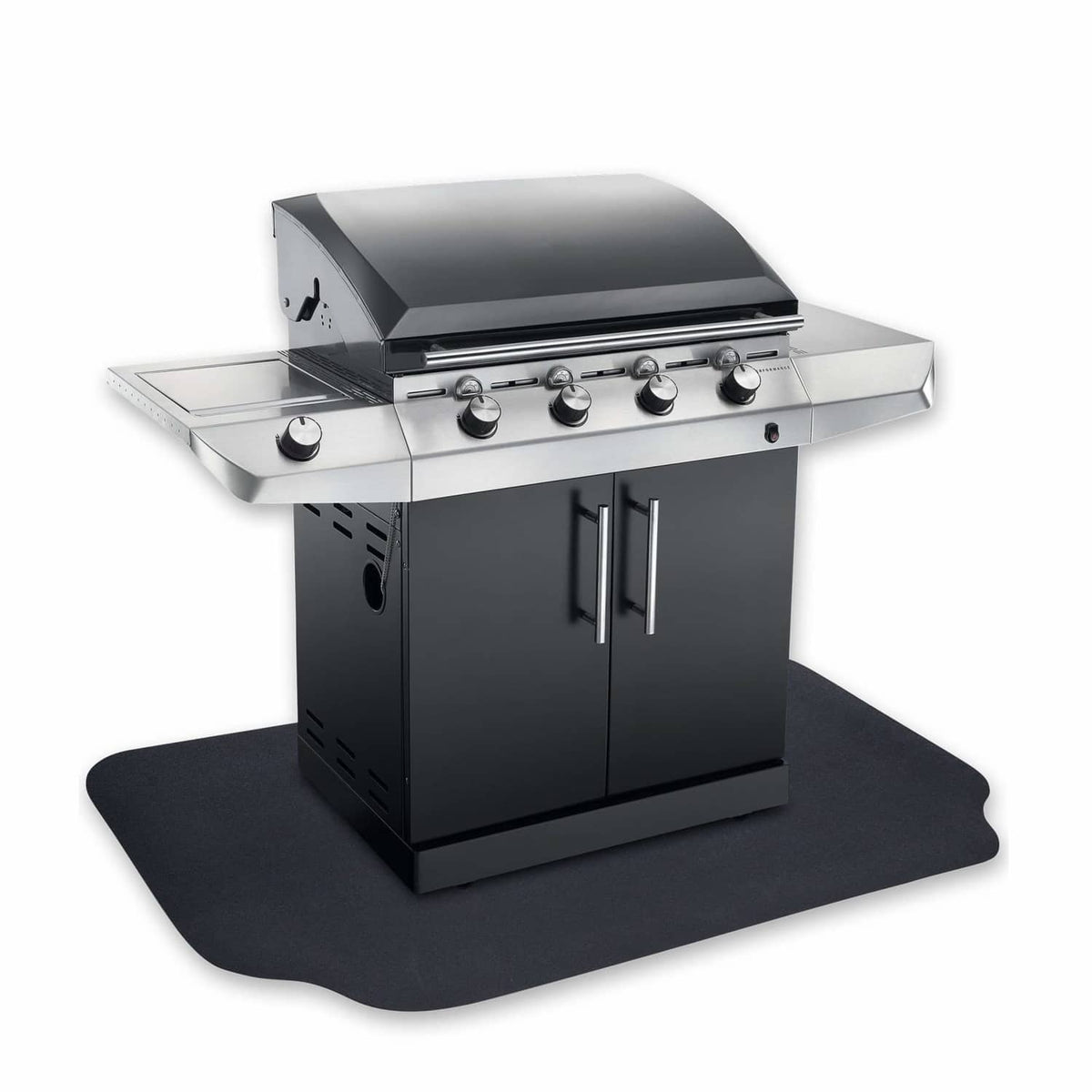 Black rubber grill protective deck mat with textured pebble surface under patio grill