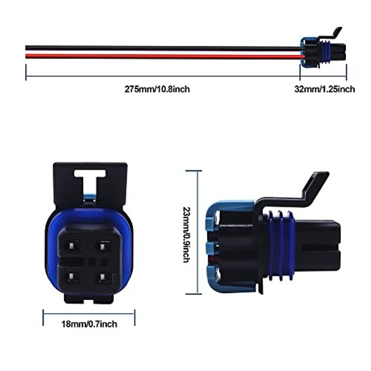 4-way inline electrical connector with blue-black housing and multicolor lead wires