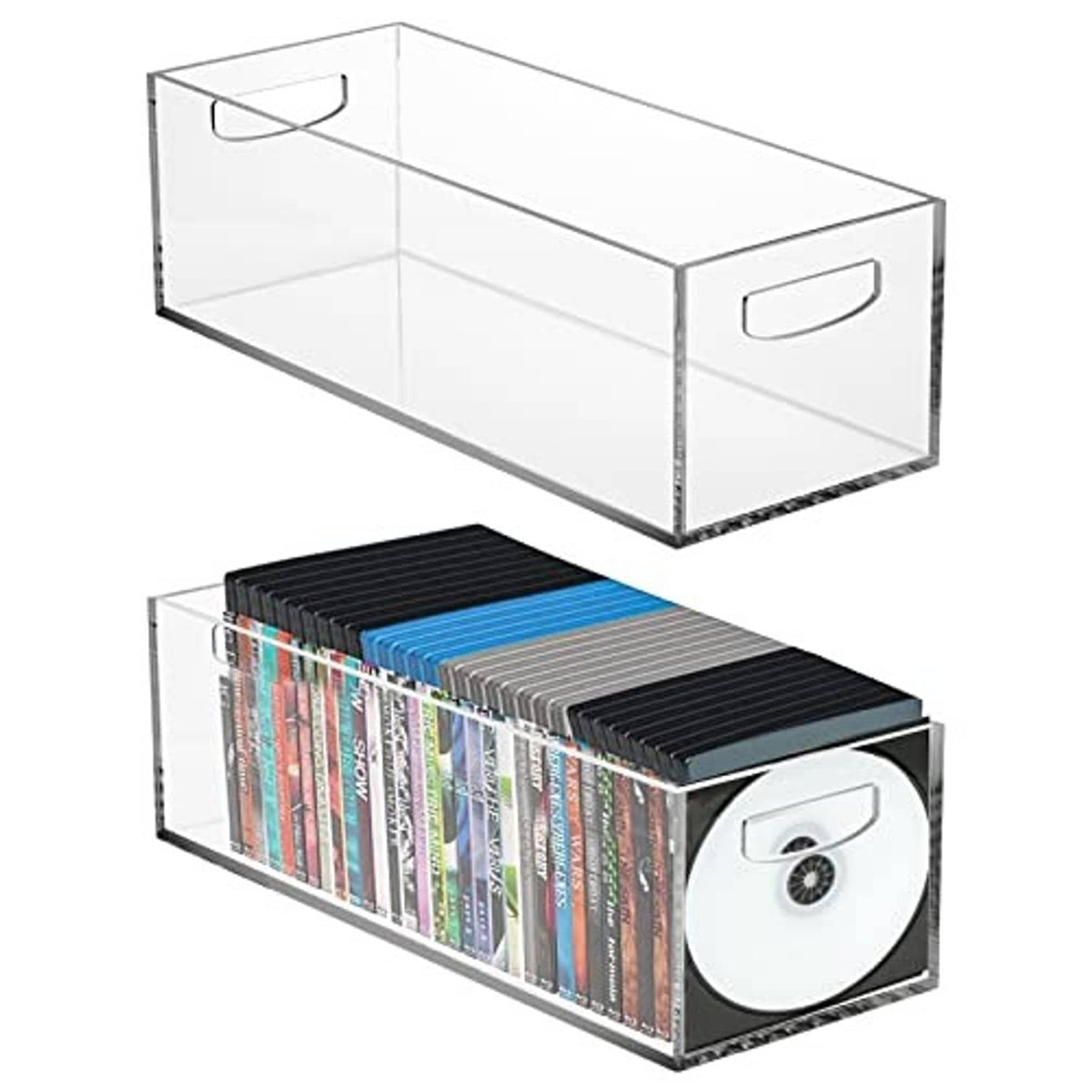 Clear acrylic DVD/CD storage box with side handle, filled with CDs