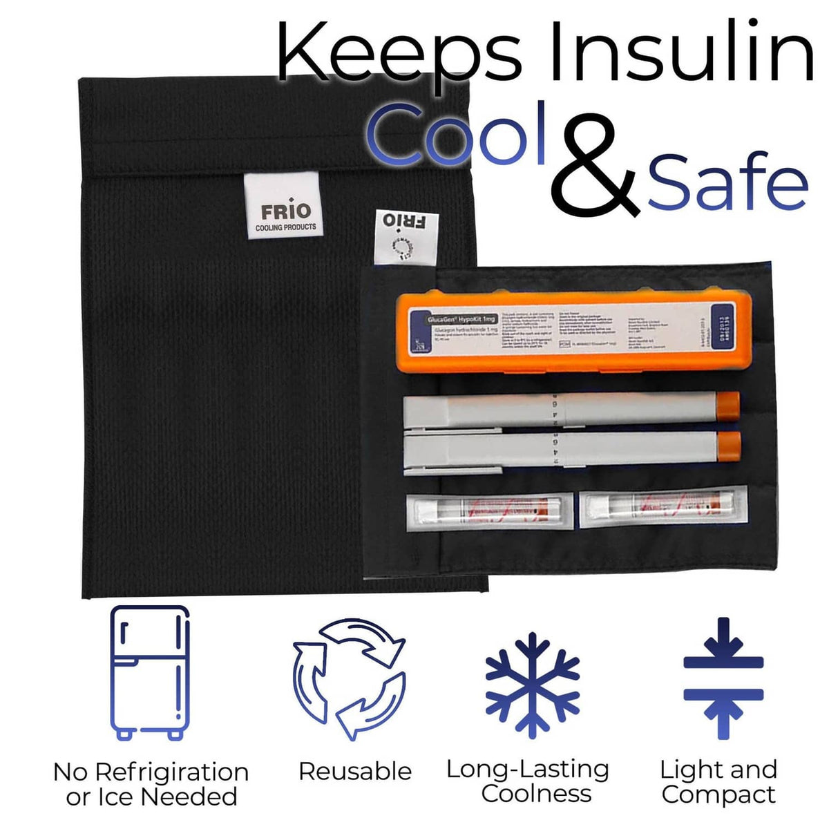 Black cooling wallet with insulin cooler slots and reusable FRIO case label