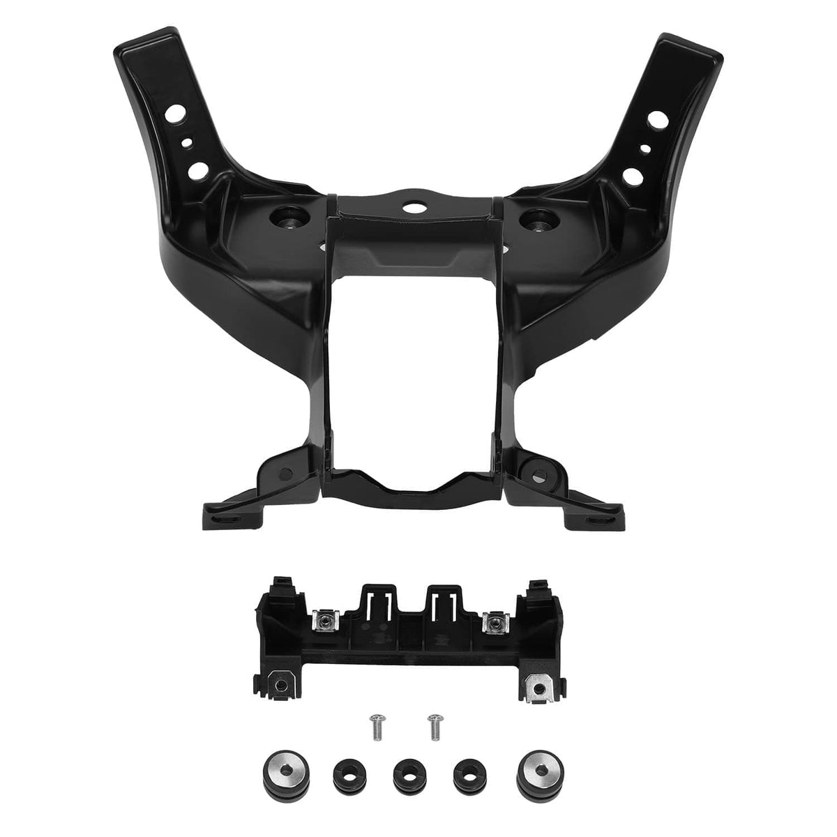 Black front headlight upper fairing stay bracket and mounting hardware, front view