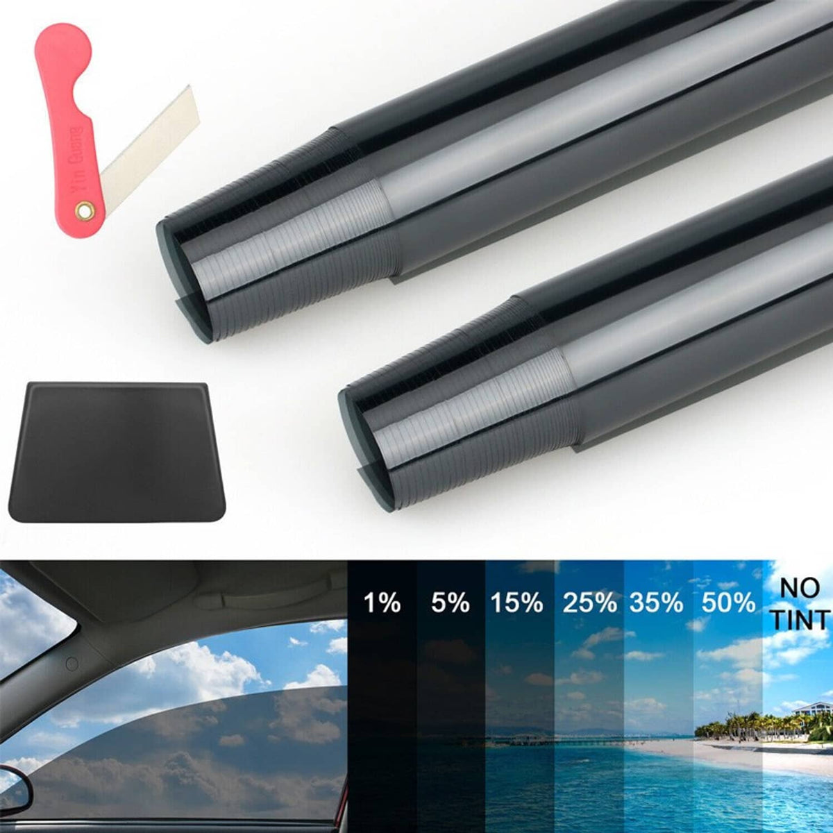 Rolled dark gray window tint film with squeegee and flat tint sheet sample.