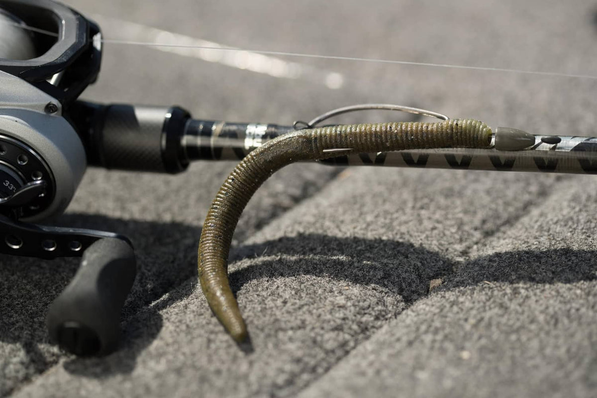 Dark stick worm with blue flecks attached to fishing line on rod