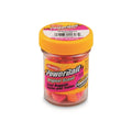Fishing bait jar with orange lid and pink–orange trout nugget bait