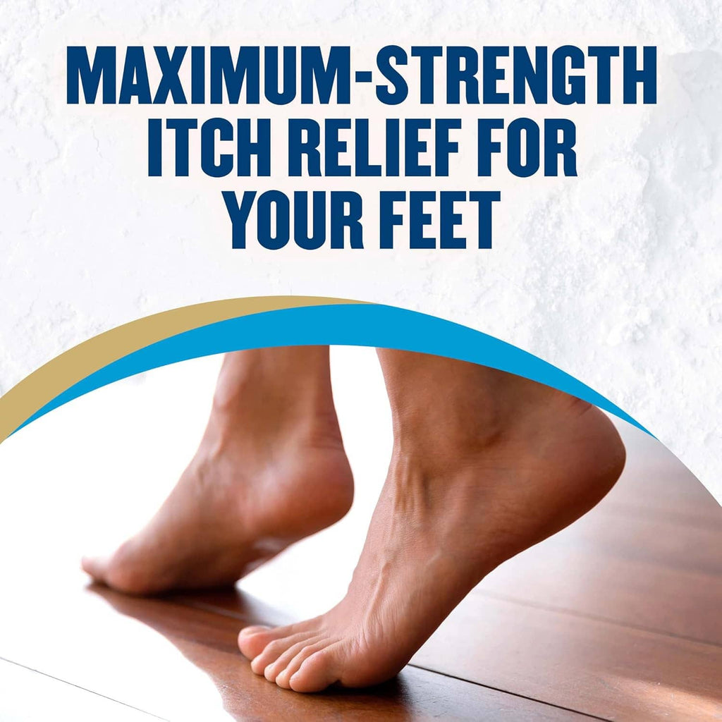Person’s feet on floor with text banner for maximum-strength itch relief